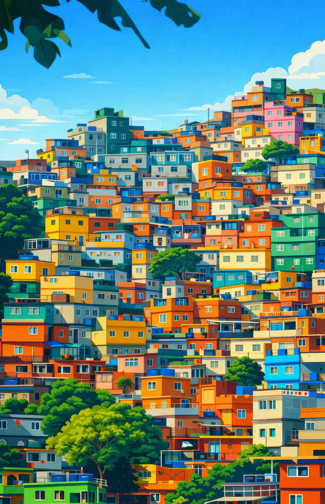 Vibrant Hillside Houses Glass Wall Art