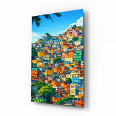 Vibrant hillside houses Rio cityscape glass wall art in a modern living room