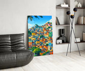 Vibrant hillside panel against a clean white-painted accent wall