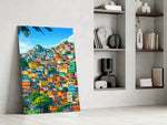 Cityscape artwork in a children's playroom with bright accents