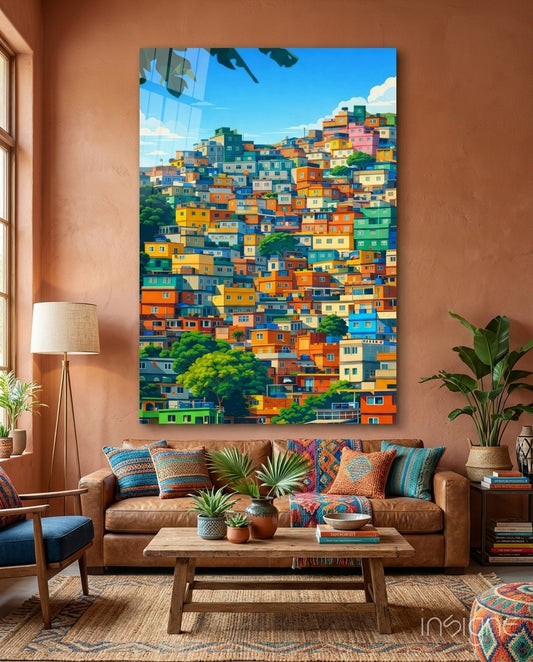 Vibrant Hillside Houses Glass Wall Art - Lifestyle preview in a designer interior