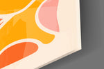 Close-up detail of the blue eye, lips and orange daisy behind glass