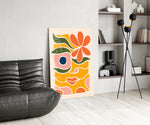 Abstract floral panel against a soft sand-painted accent wall