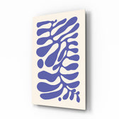 Periwinkle abstract Matisse-style glass wall art in a modern master bedroom