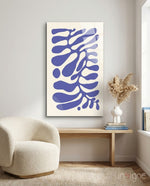 Elegant Navy Blue Abstract Swirls Glass Wall Art - Lifestyle preview in a designer interior