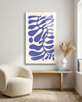 Elegant Navy Blue Abstract Swirls Glass Wall Art - Lifestyle preview in a designer interior