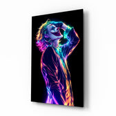 Neon Joker pop-graffiti glass wall art in a modern gaming room