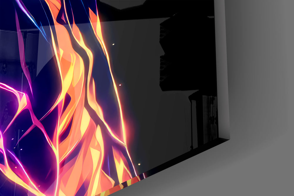 Close-up detail of the neon hair and cyan-magenta suit behind glass