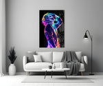 Pop-graffiti glass print bringing villain edge to a cinema-room accent wall
