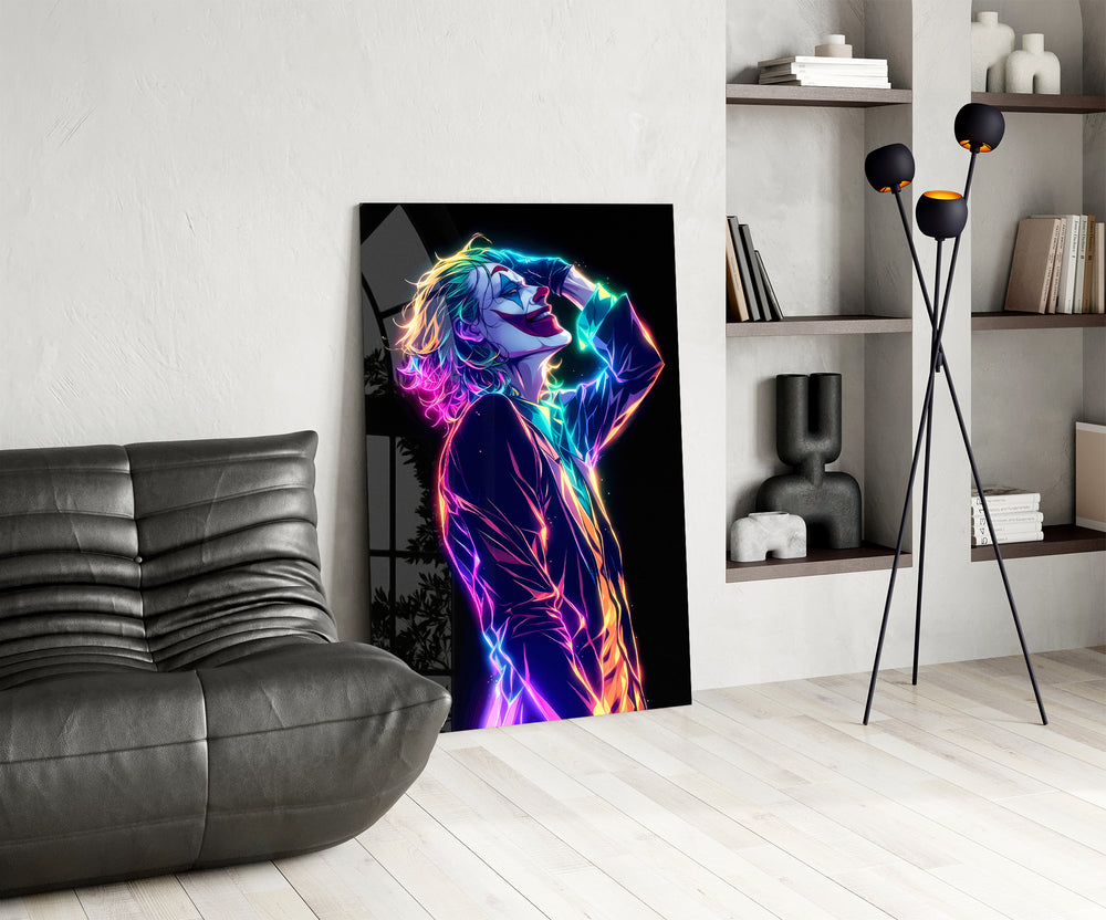 Neon Joker panel against a moody dark-painted wall