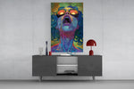 Psychedelic Goggles glass wall art catching light to reveal its drip texture