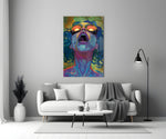 Pop-graffiti glass print bringing trippy edge to a creative loft