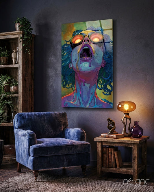 Psychedelic Goggles Glass Wall Art - Lifestyle preview in a designer interior