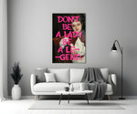 Classical-graffiti glass print bringing manifesto edge to a master bedroom
