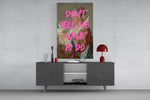 Don't Tell Me glass wall art catching light to reveal its mash-up palette