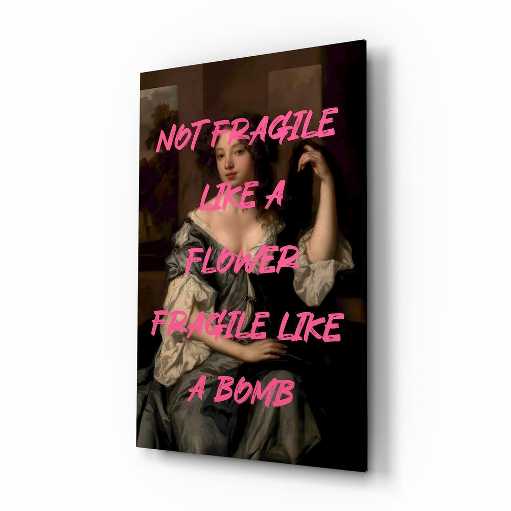 Fragile Bomb baroque-graffiti glass wall art in a modern women's boutique