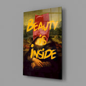 Conceptual altered-portrait panel anchoring a designer's office wall