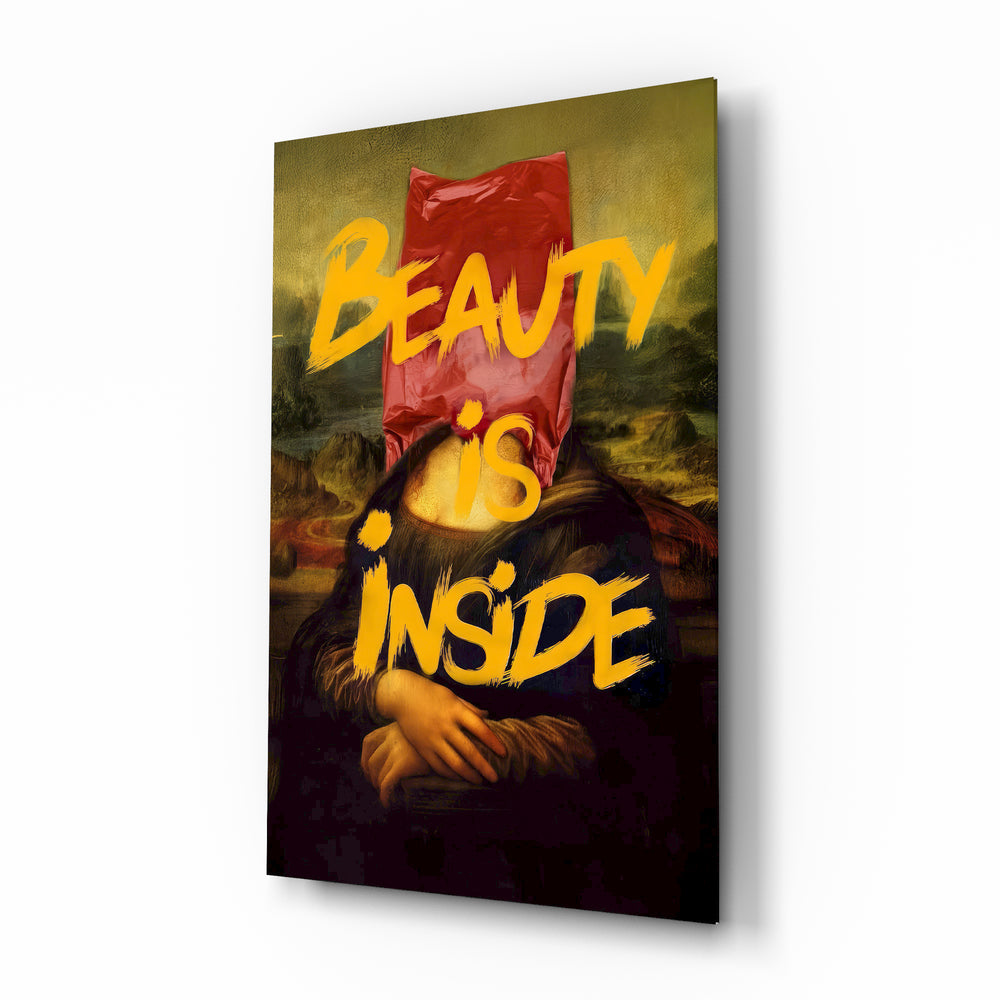 Inner Beauty Mona Lisa glass wall art in a modern creative studio