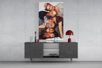 Art-history collage glass wall art catching light to reveal its photographic detail