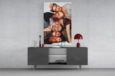 Art-history collage glass wall art catching light to reveal its photographic detail