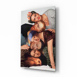 Art-history group portrait collage glass wall art in a modern creative studio