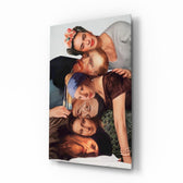 Art-history group portrait collage glass wall art in a modern creative studio