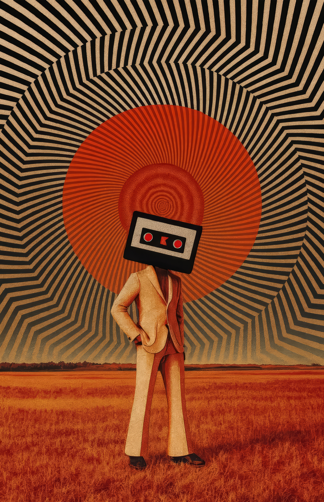 Cassette Head in Red Field Glass Wall Art