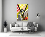 Comic-frame glass print bringing pop edge to a creative office