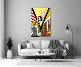 Comic-frame glass print bringing pop edge to a creative office