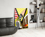 Checker sneaker panel against a clean white-painted accent wall
