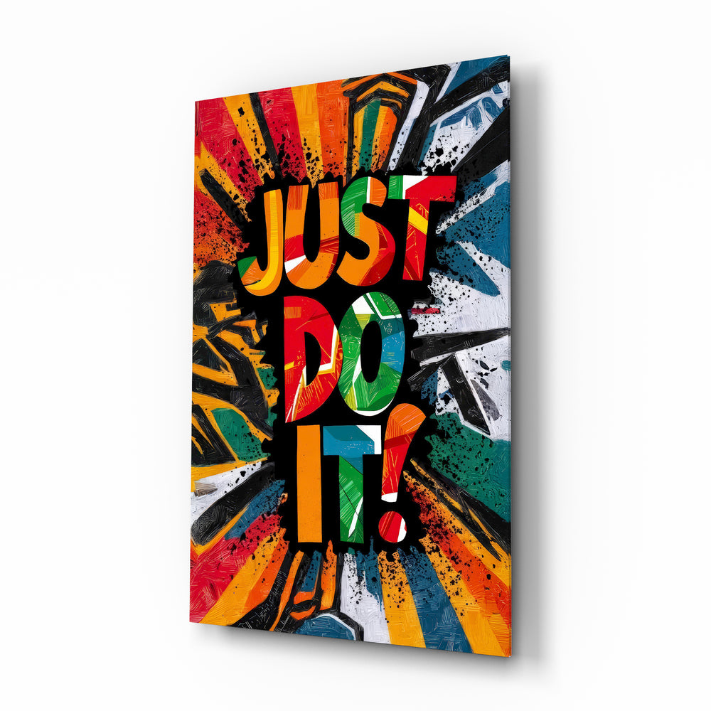Just Do It pop-graffiti glass wall art in a modern home gym