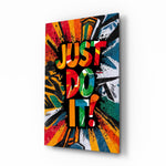 Just Do It pop-graffiti glass wall art in a modern home gym