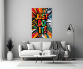Pop-graffiti glass print bringing motivation to a creative office