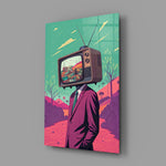 Retro-illustration panel anchoring a media-room accent wall