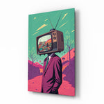 TV Head surreal glass wall art in a modern creative loft
