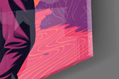 Close-up detail of the wooden TV head and pink landscape behind glass