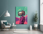 TV Head artwork styled in a designer's office interior