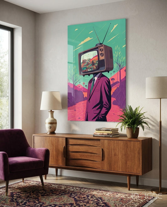 TV Head in Nature Glass Wall Art - Lifestyle preview in a designer interior