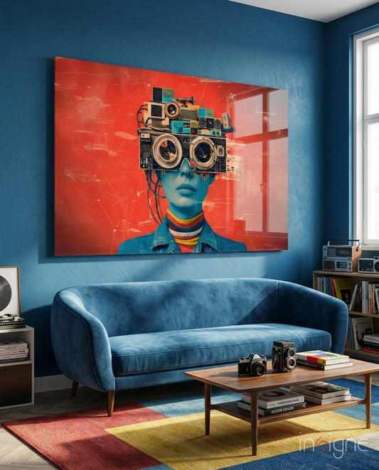 Cyberpunk Headphones Glass Wall Art - Lifestyle preview in a designer interior