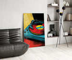 Turntable panel against a clean white-painted accent wall