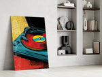 Vinyl artwork in a barbershop interior with vintage accents