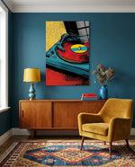 Vibrant Turntable Pop Glass Wall Art - Lifestyle preview in a designer interior