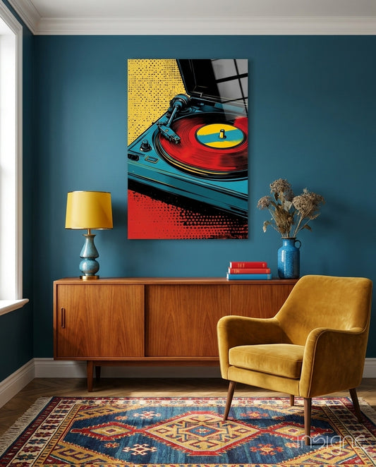 Vibrant Turntable Pop Glass Wall Art - Lifestyle preview in a designer interior