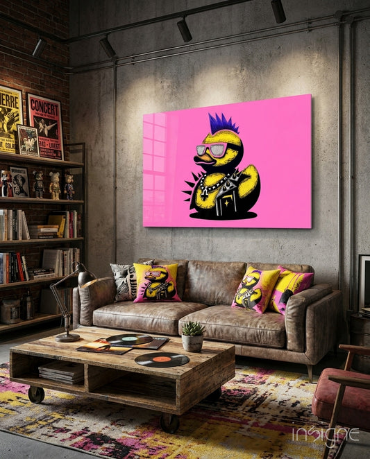 Punk Duck Pop Glass Wall Art - Lifestyle preview in a designer interior