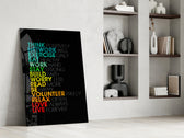 Typography artwork in a teen's bedroom with bright palette