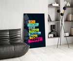 Manifesto panel against a deep navy-painted accent wall