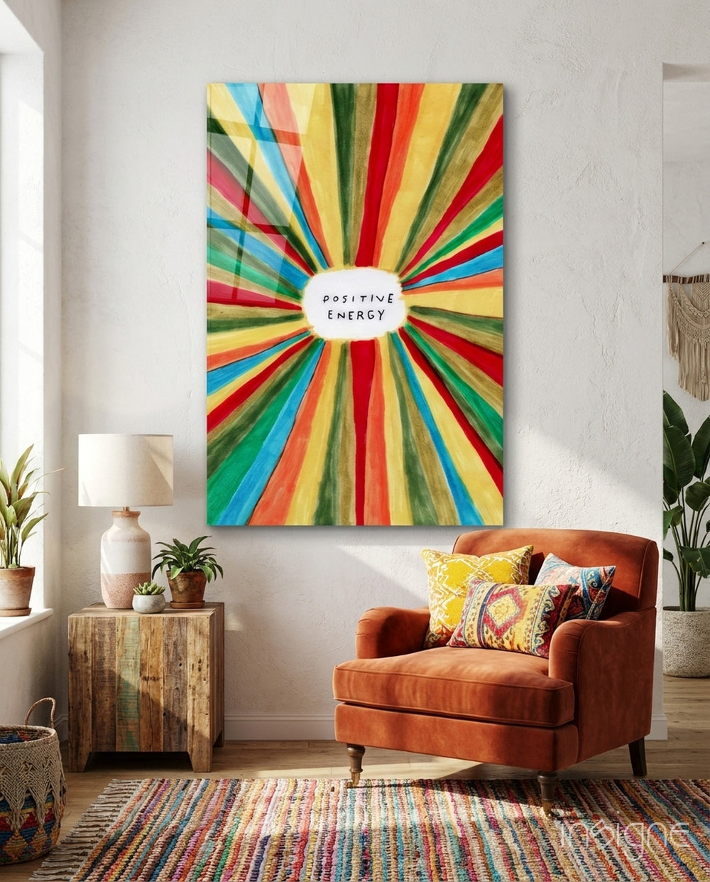 Radiant Positive Energy Burst Glass Wall Art - Lifestyle preview in a designer interior