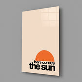 Minimal mid-century poster panel anchoring a kitchen wall