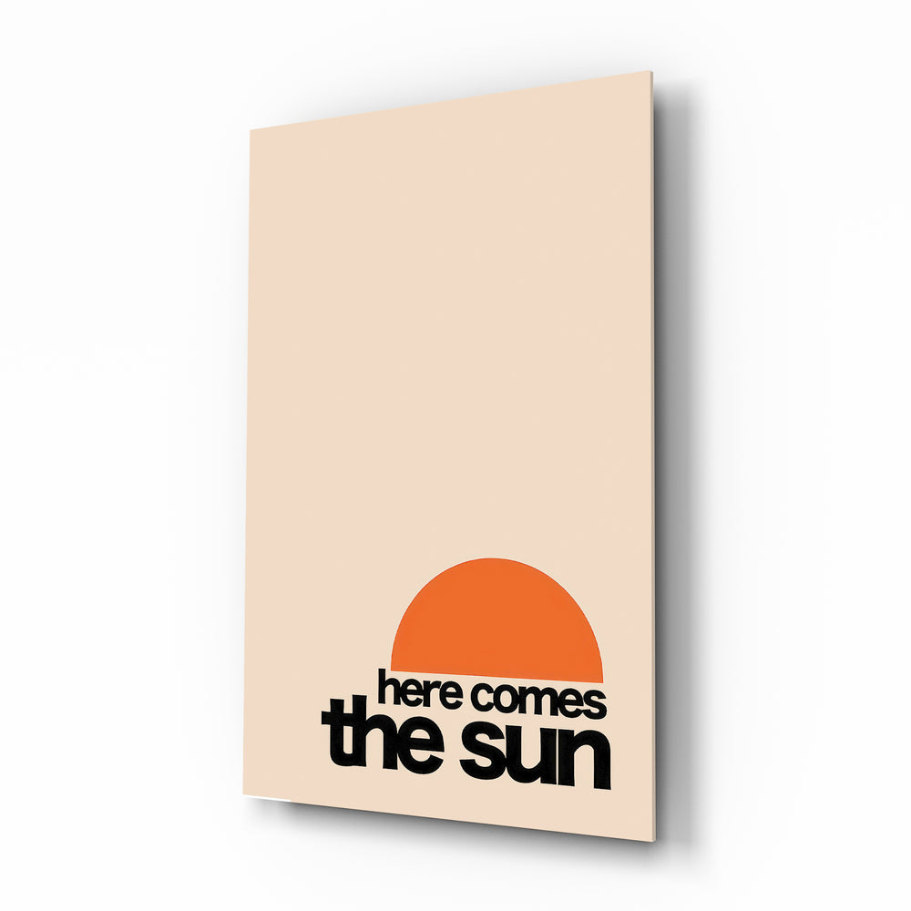 Here Comes The Sun vertical glass wall art in a modern bright living room