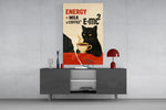 Coffee Cat Energy glass wall art catching light to reveal its torn-paper edge